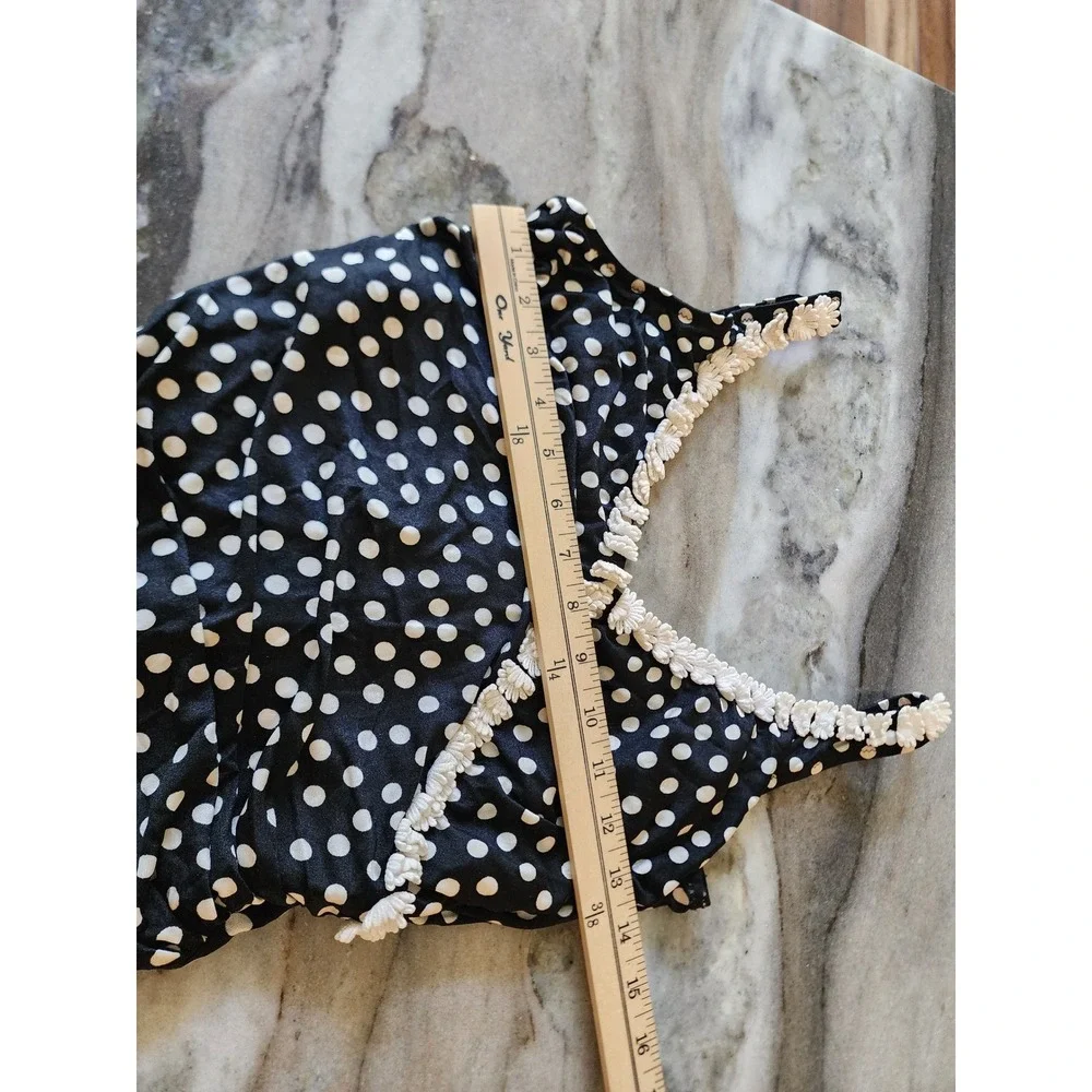 VTG 90s Polka Dot One Piece High Cut Swimsuit Retro Pin Up Daisy Crochet Trim